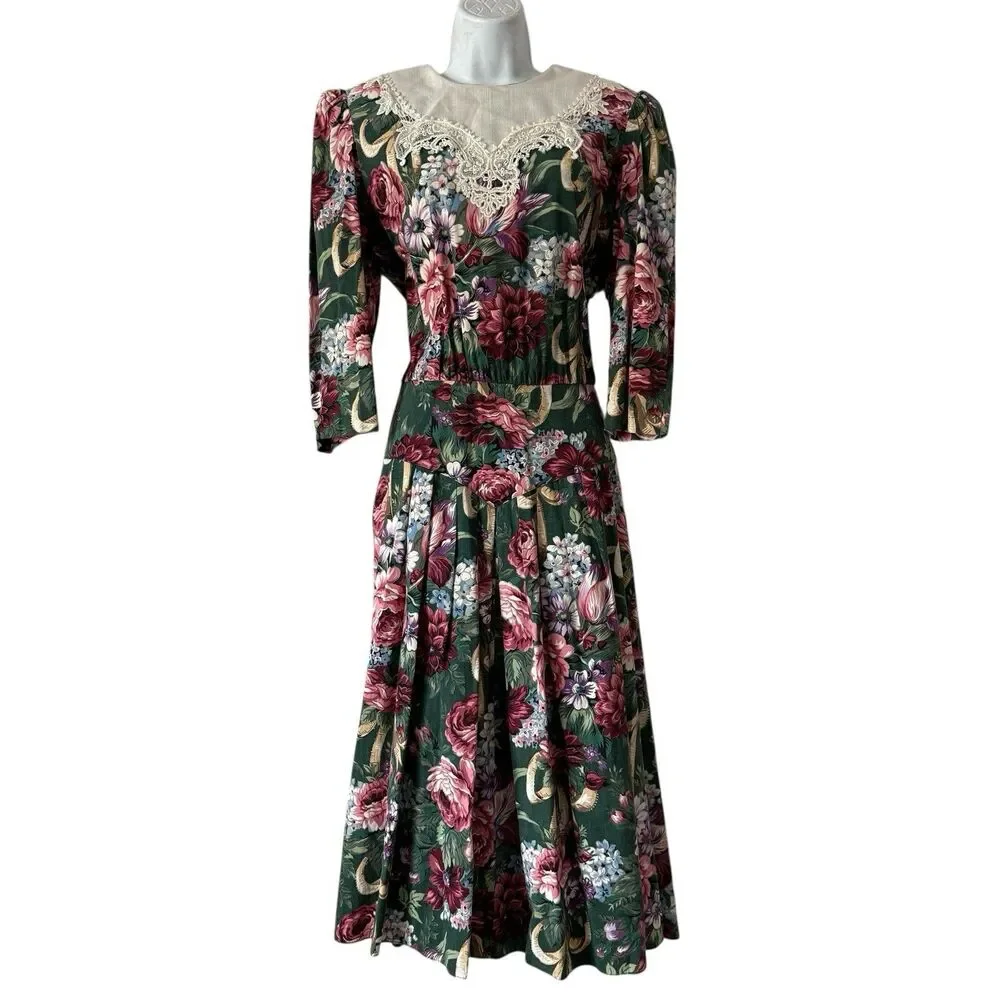 VTG 80s LISA II Floral Prairie Dress Lace Yoke Cottagecore Midi Green Pink S/M